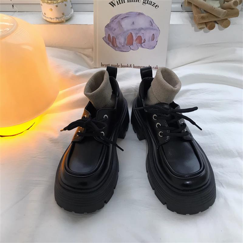 Women's Black Chunky Heel Raise The Bottom Versatile Leather Shoes