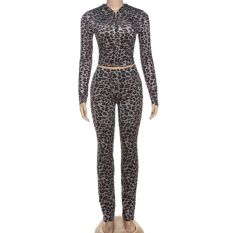 Leopard Print Sporty Slim-fit Pants Two-piece Set
