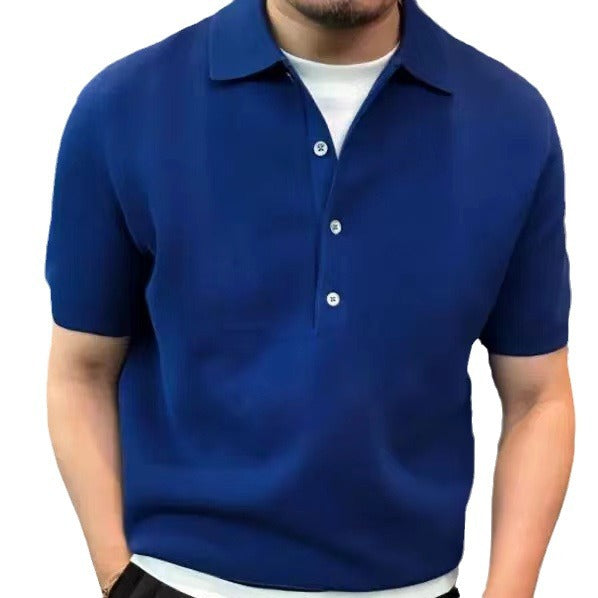 Solid Color Polo Collar Polo Shirt Men's Simple Style Slim Fit High Knitted Top