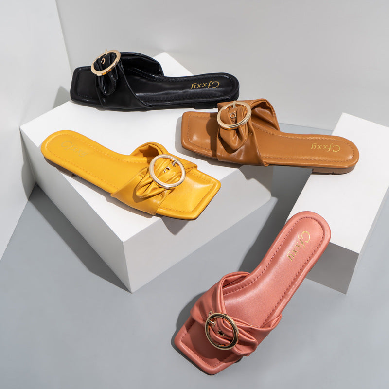 Korean Style Fashion Belt Buckle Flat Heel Women's Shoes Solid Color Square Toe Sandals