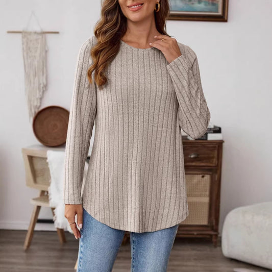 Womens Solid-Color T-Shirt With A Crew Neck Long Sleeves And Buttons