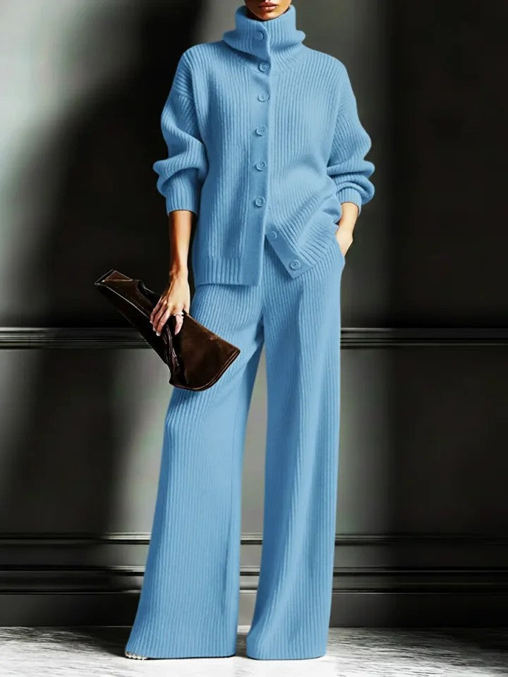 Stylish Womens Casual Knit Turtleneck Wide-Leg Set