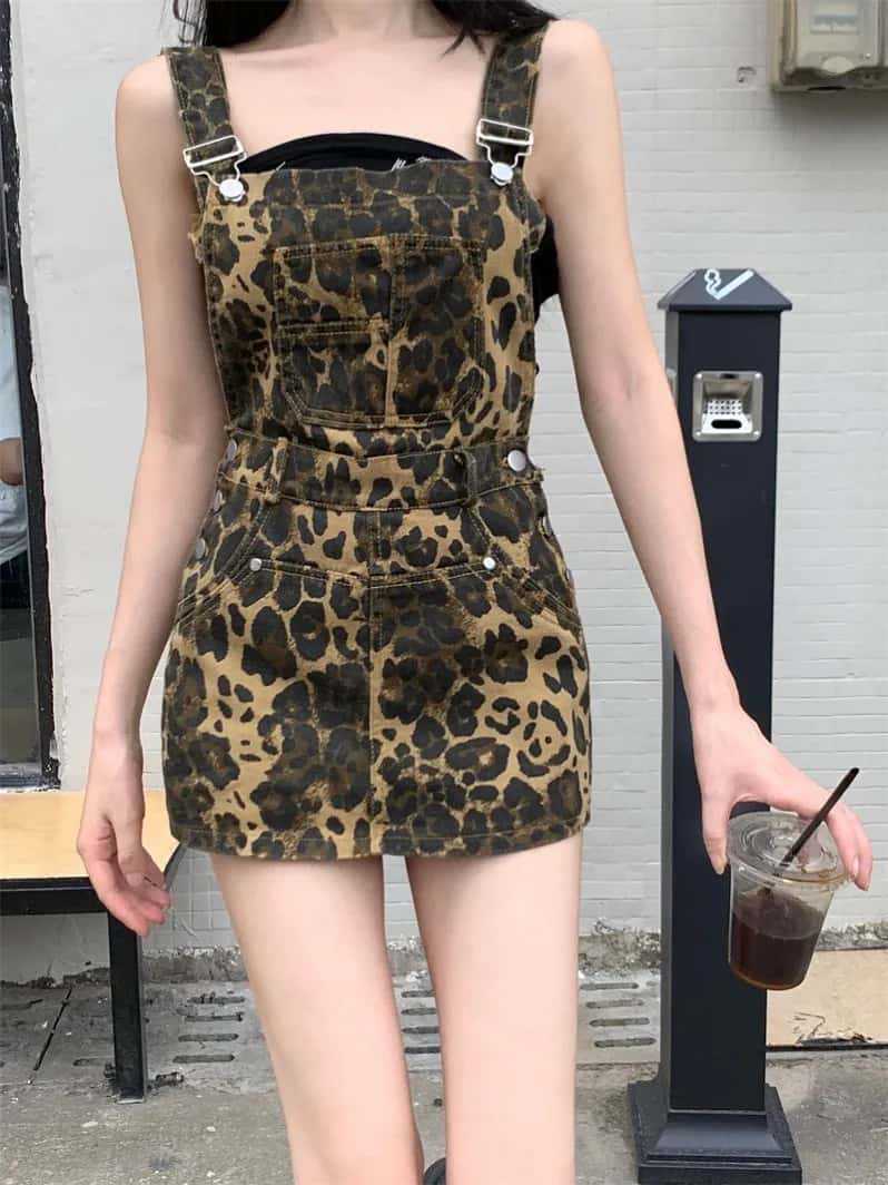 INS Leopard-print Denim Suspender Dress