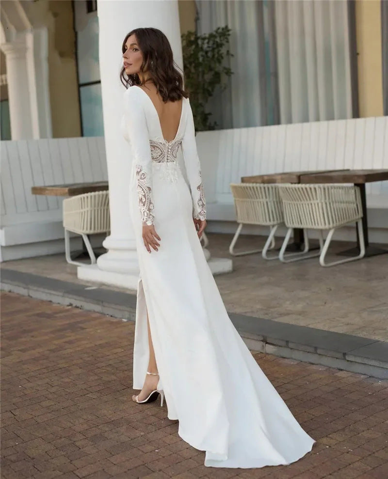 Deep V-neck High-slit Form-fitting Long-sleeve Wedding Gown