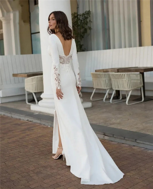 Deep V-neck High-slit Form-fitting Long-sleeve Wedding Gown