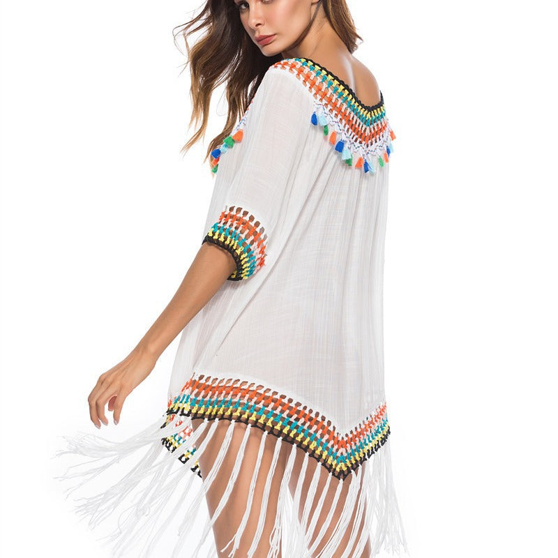Hollow-out Rainbow Tassel V-Neck Hand Hook Beach Blouse