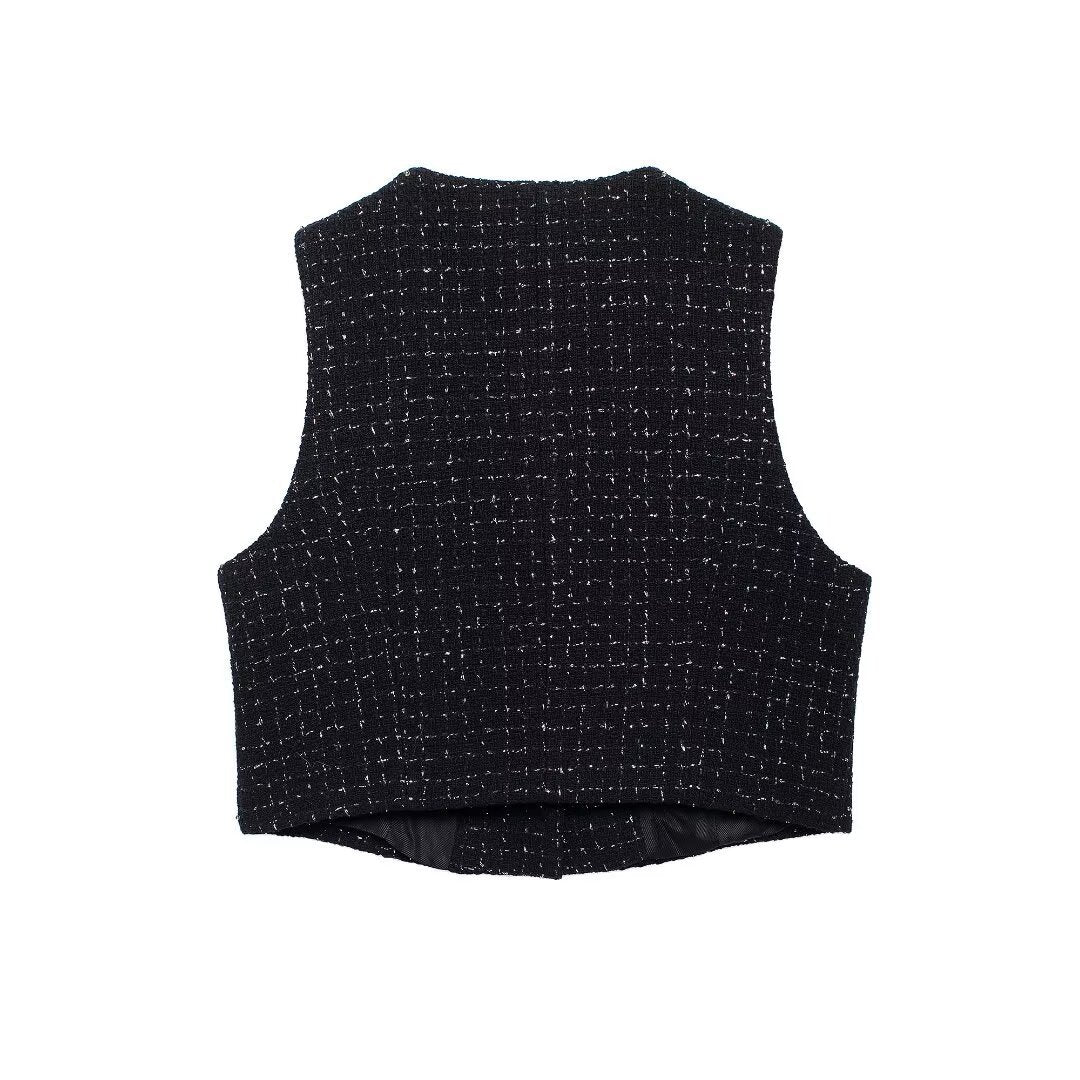 Textured Sleeveless O-neck Short Tweed Sleeveless Waistcoat Outerwear