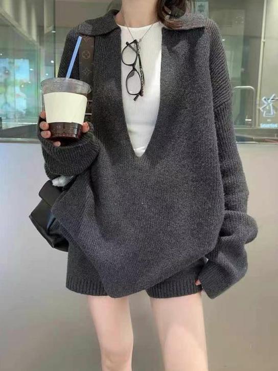 Dame V-hals Sweater Sæt Løs Sweater Shorts