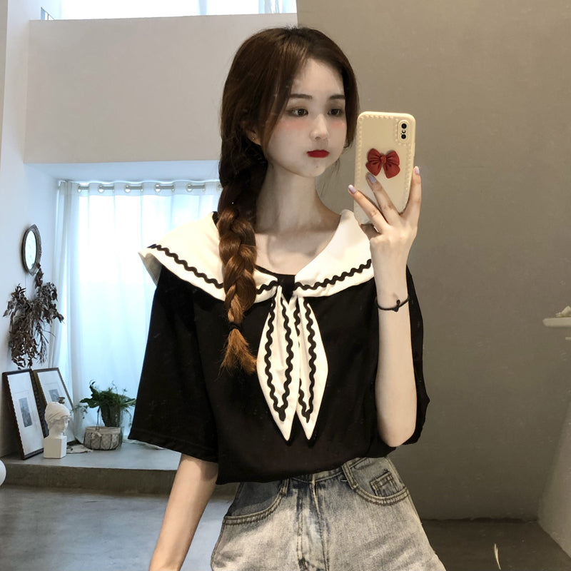 Short Sleeve Navy Collar Sweet Chic Top Prep Style