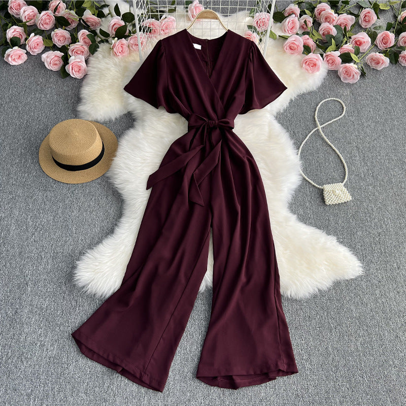 Retro Fashionable Temperament V-neck Short-sleeved Waist Jumpsuit
