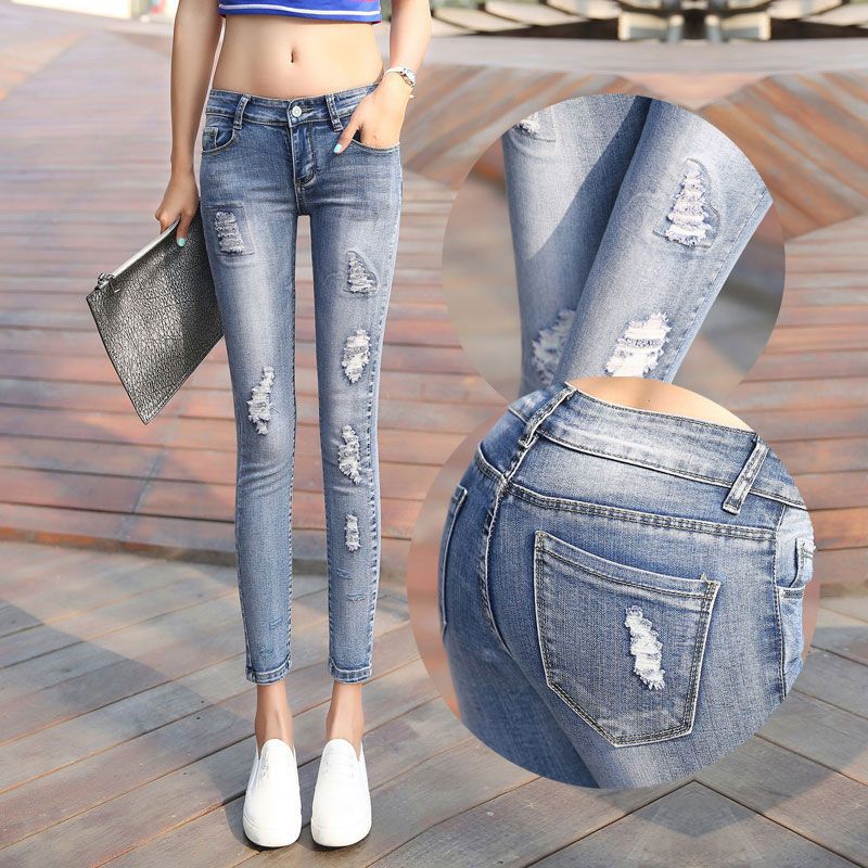 Cropped Jeans Women's Skinny Stretch Tight Ripped Pencil Pants