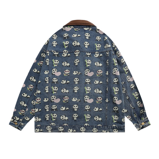 Full Printed Cartoon Lesser Panda Printed Denim Shirt Coat Men