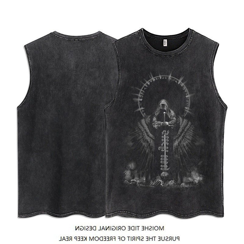 Retro Goth Washed Printed Sleeveless Vest Men's Summer Loose Fashion Brand High Street Sports T-shirt Couple