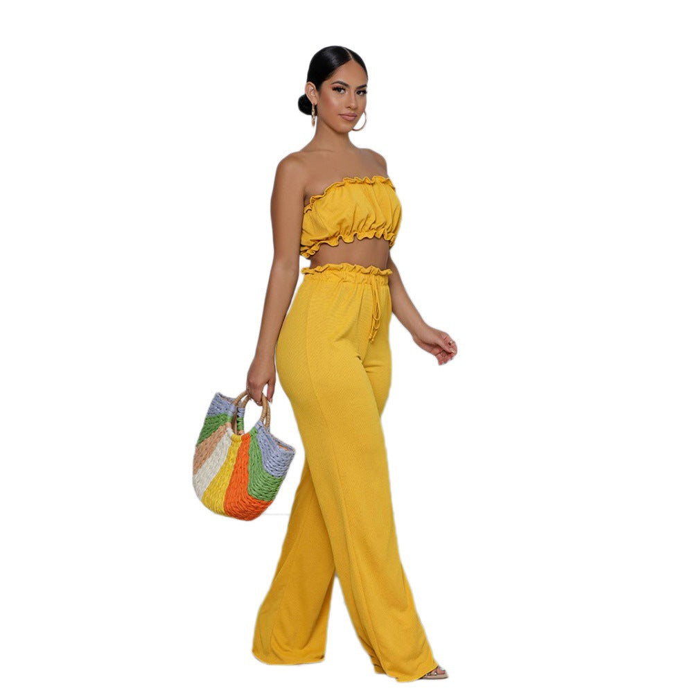 European And American Solid Color Casual Tube Top And Pants Women's Two-piece Set
