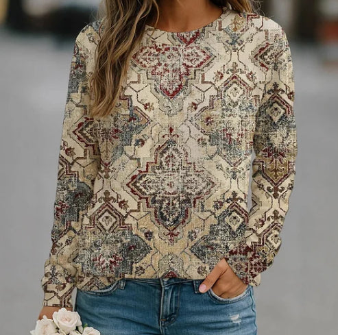 Women's Khaki Stylish Pattern Print Long Sleeve Top