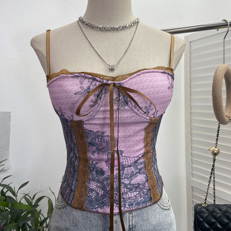 Vintage Ink Painting With Chest Pad Short Lace Up Tube Top For Women