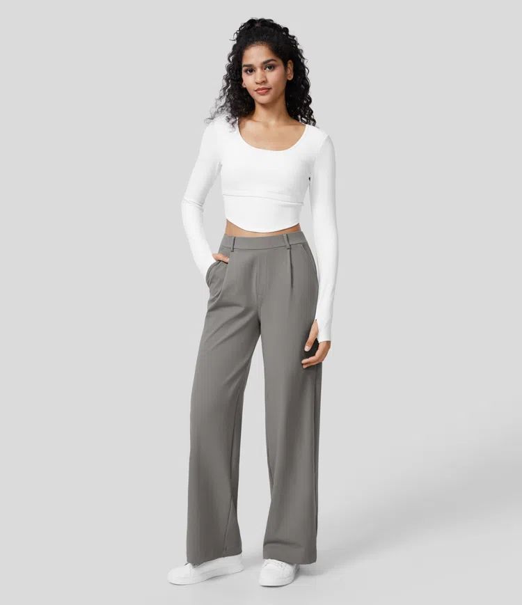 European And American High Waist Pocket Cropped Straight Pants