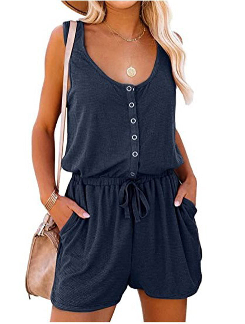 European And American Women's Clothing Sleeveless Waist Tie Casual Loose Wide-leg Jumpsuit