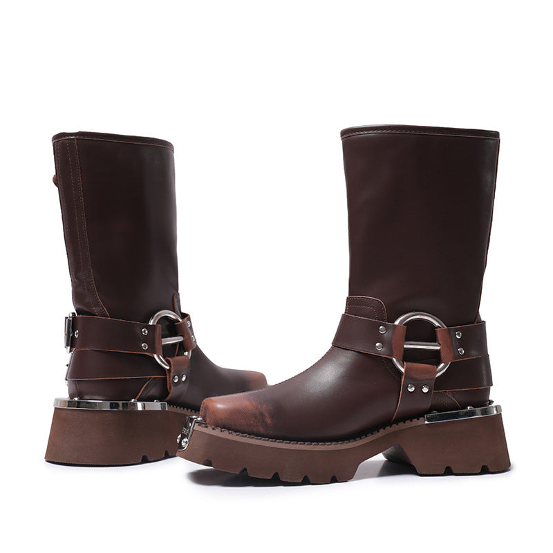 Height Increasing, Brown Sleeve Western Denim Ankle Boots