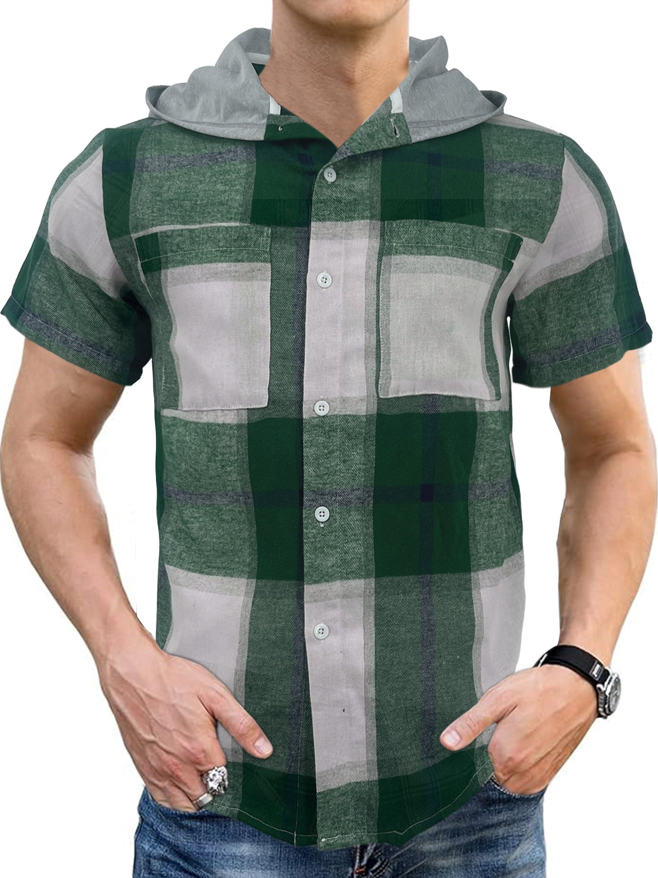 Casual Hooded Business Men's Short-sleeved Plaid Shirt