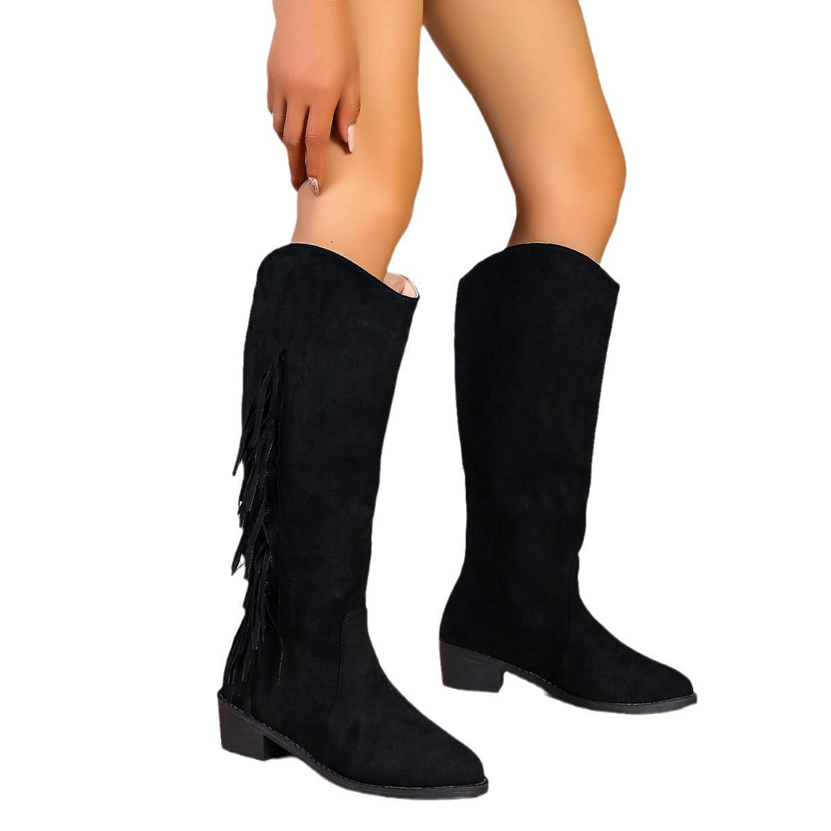 Womens Solid-Color Pointed-Toe Low-Heel Comfortable All-Match Long Boots