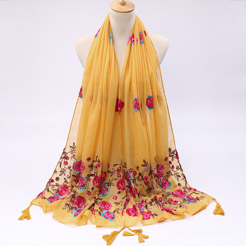 Pure Color Cotton And Linen Embroidered Hot Drilling Fringe Scarf