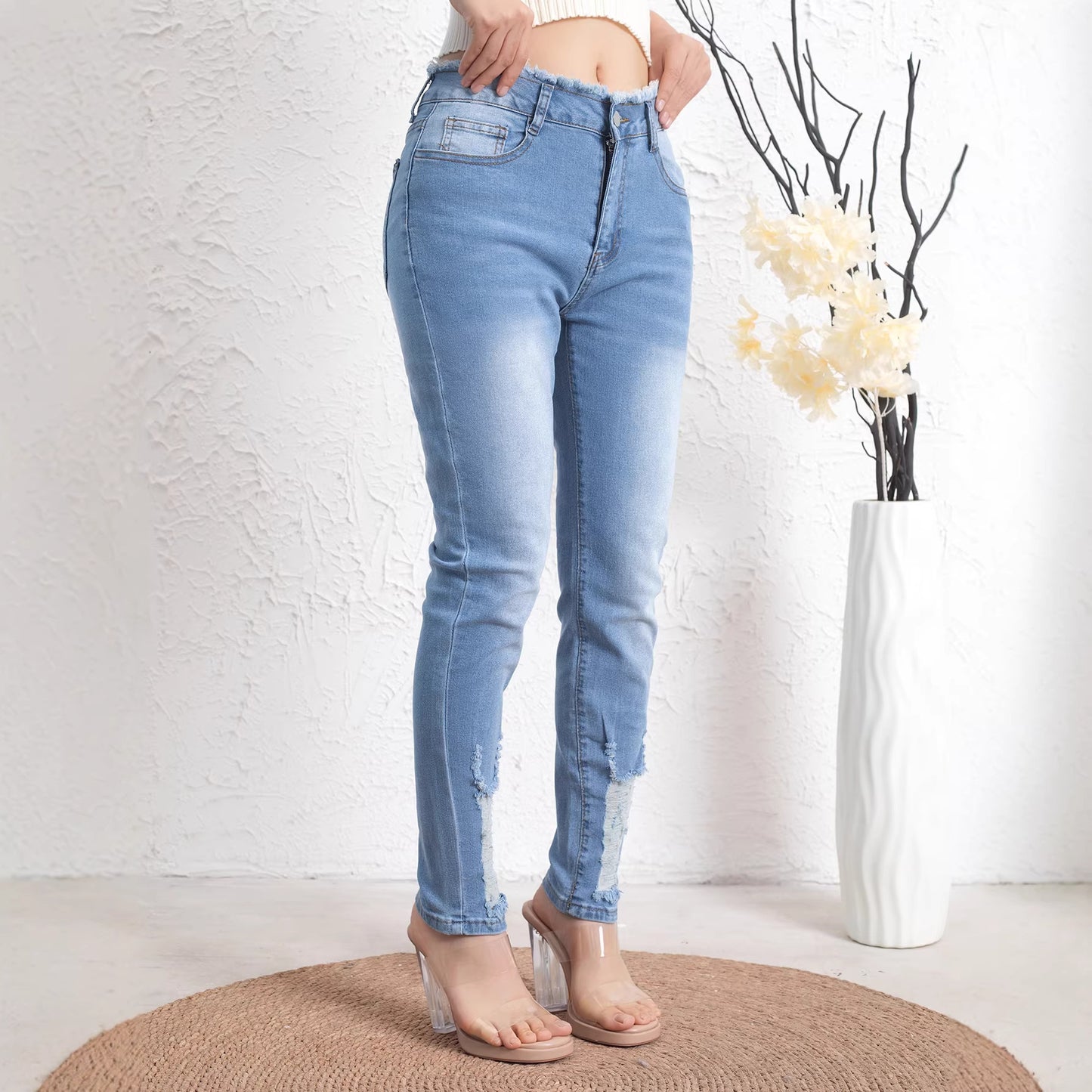 Retro Ripped Stretchjeans med Flossede Kanter
