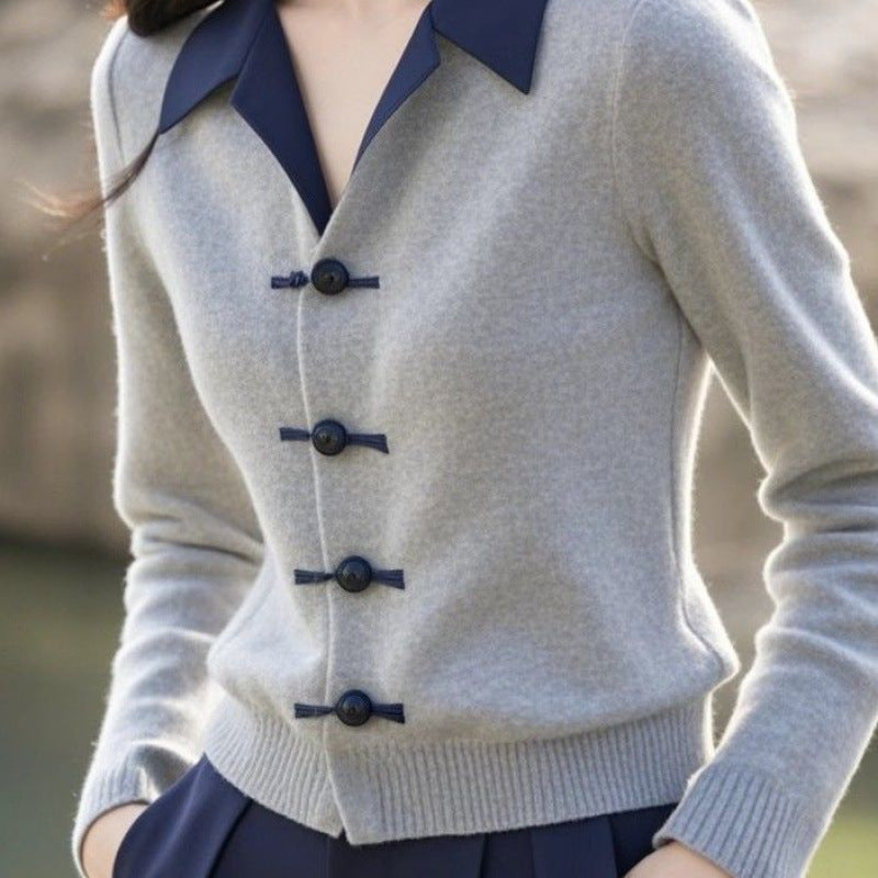 Womens Minimalist Elegant New Chinese-Style Knot-Button Knitted Top