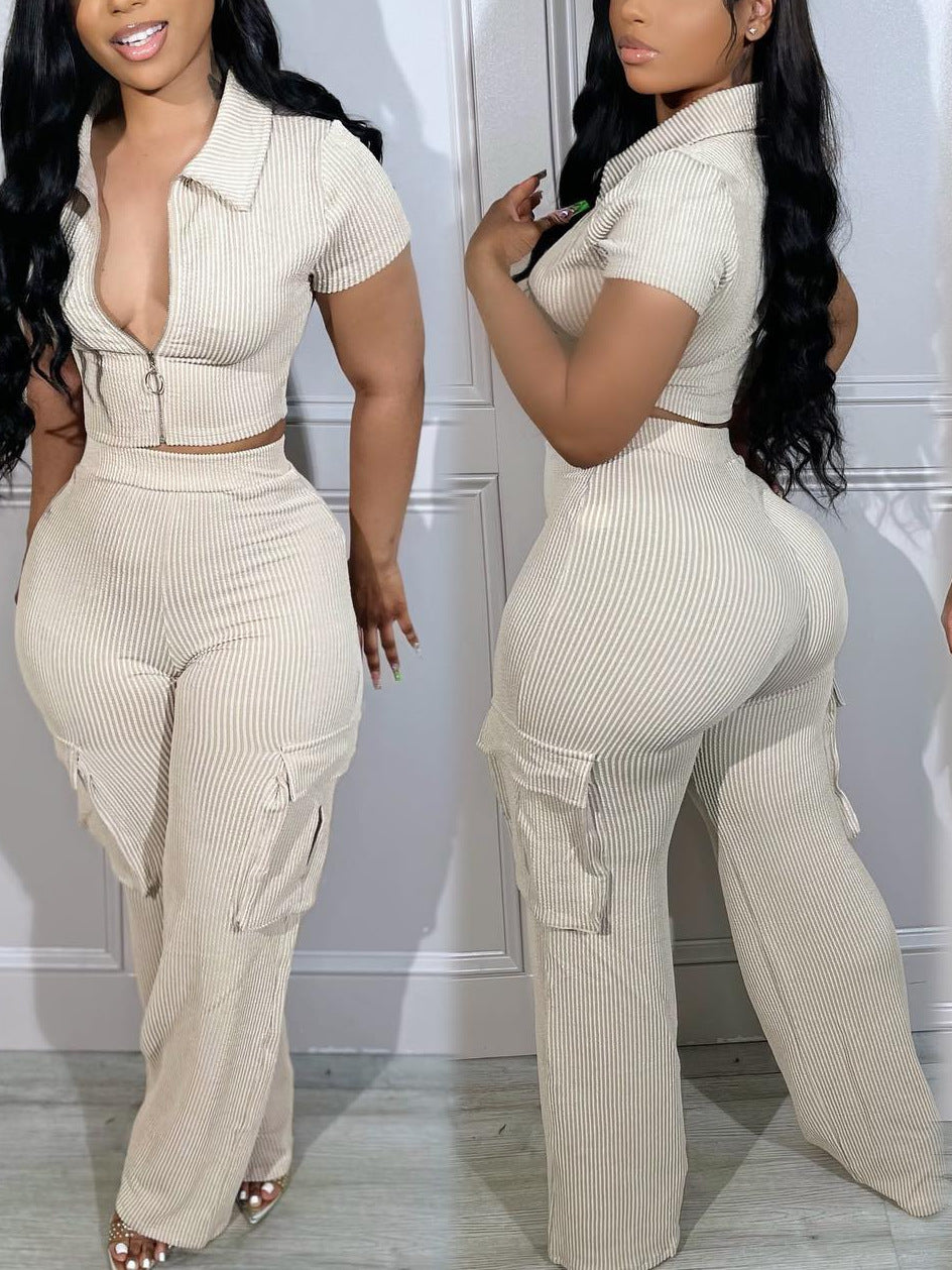 Zip-up Top With Multiple Pockets And Long Pants Casual Solid-color Two-piece Set