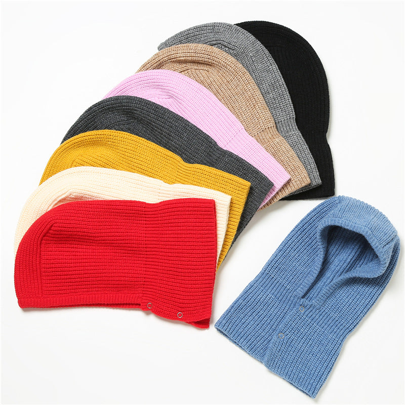 One Piece Warm Solid Button Wool Hat Neckband
