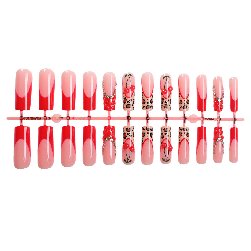 New Long-tube Wearable Nails In Red Leopard Print With A French Edge