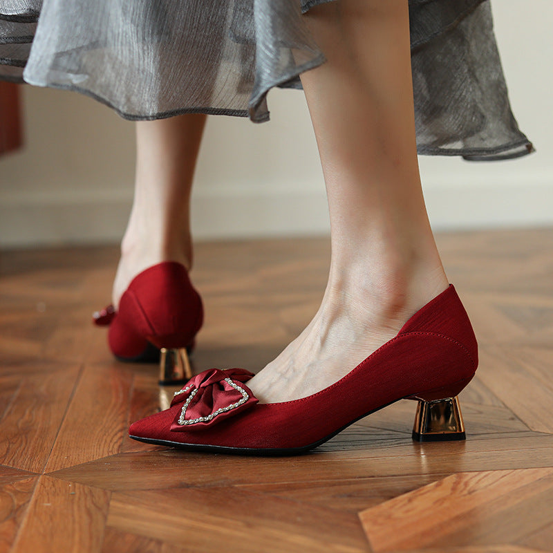Women's Pointed Toe Chunky Heel Shoes With Rhinestone Bow High Heels