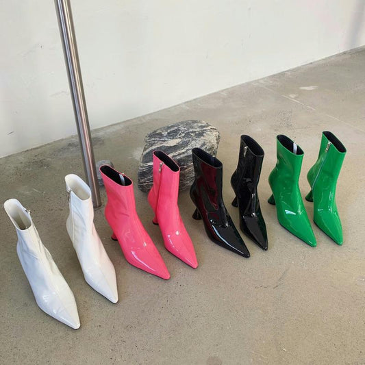 Fall Patent Leather Boots Women's Blackjack Heel Pointed Toe