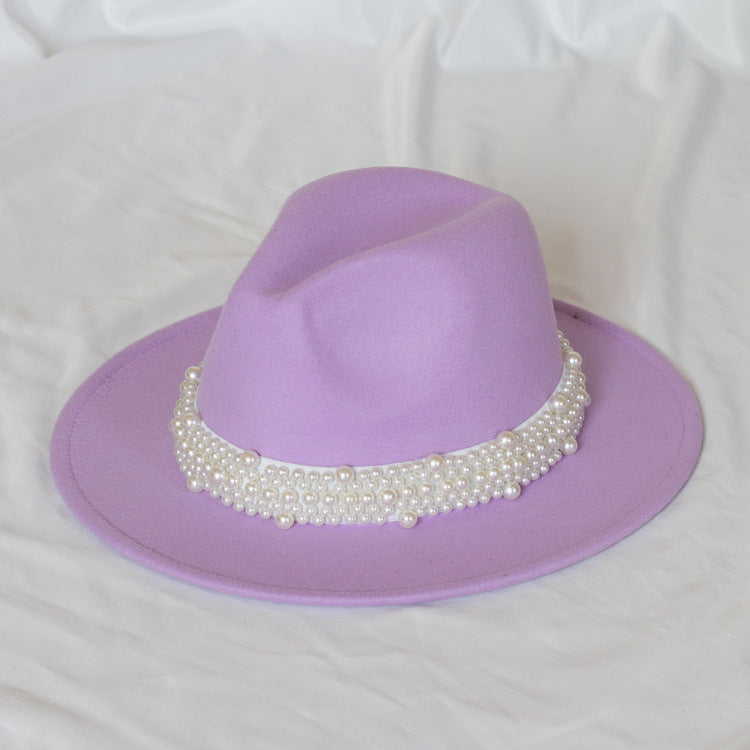 Handmade Pearl Top Hat Big Brim Fur Felt Hat