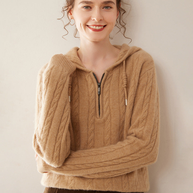 Cashmere Sweater Women's Hooded Twist Half-open Collar Sweater