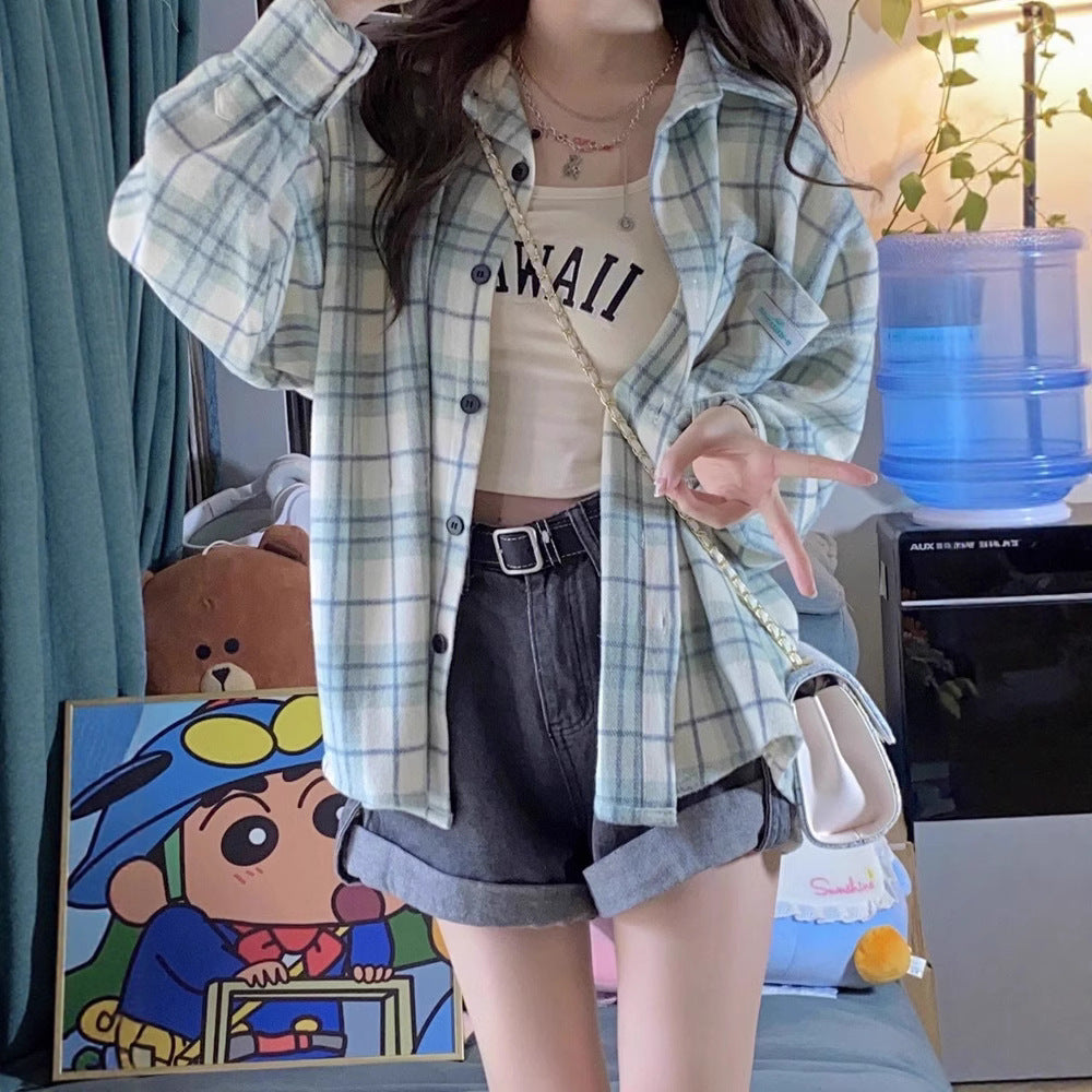 Female College Style Lazy Brushed Plaid Shirt