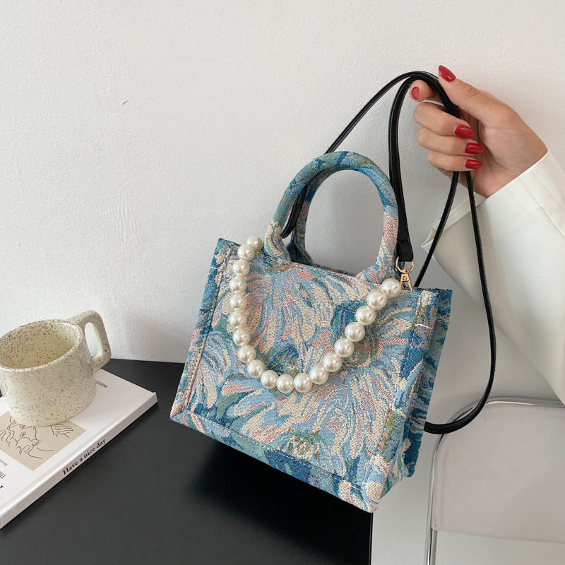 French Niche Pearl Jacquard Monet Garden Oil Painting Tote Bag