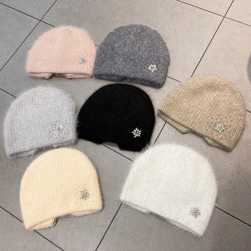 Women's Rabbit Hair Knitted Hat Thickened Warm Rhinestone Flowers