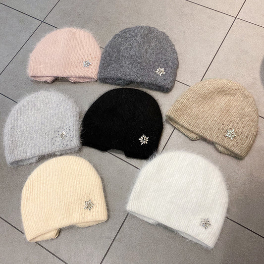 Women's Rabbit Hair Knitted Hat Thickened Warm Rhinestone Flowers