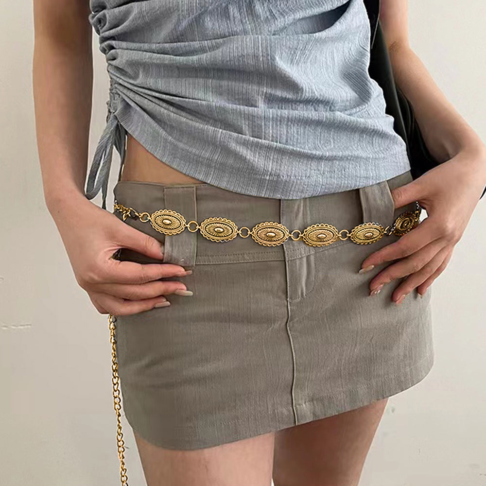 Retro National Style Carved Ancient Gold And Silver Metal Waist Chain Sexy Elegant Women's Dress Senior Sense Decorative Belt