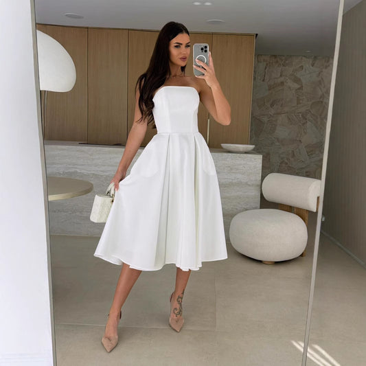 Womens Fashion Solid-Color Casual Low-Cut Dress