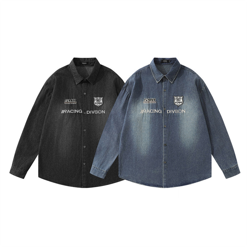 Badge Embroidered Letter Denim Long Sleeve Shirt Street Fashion