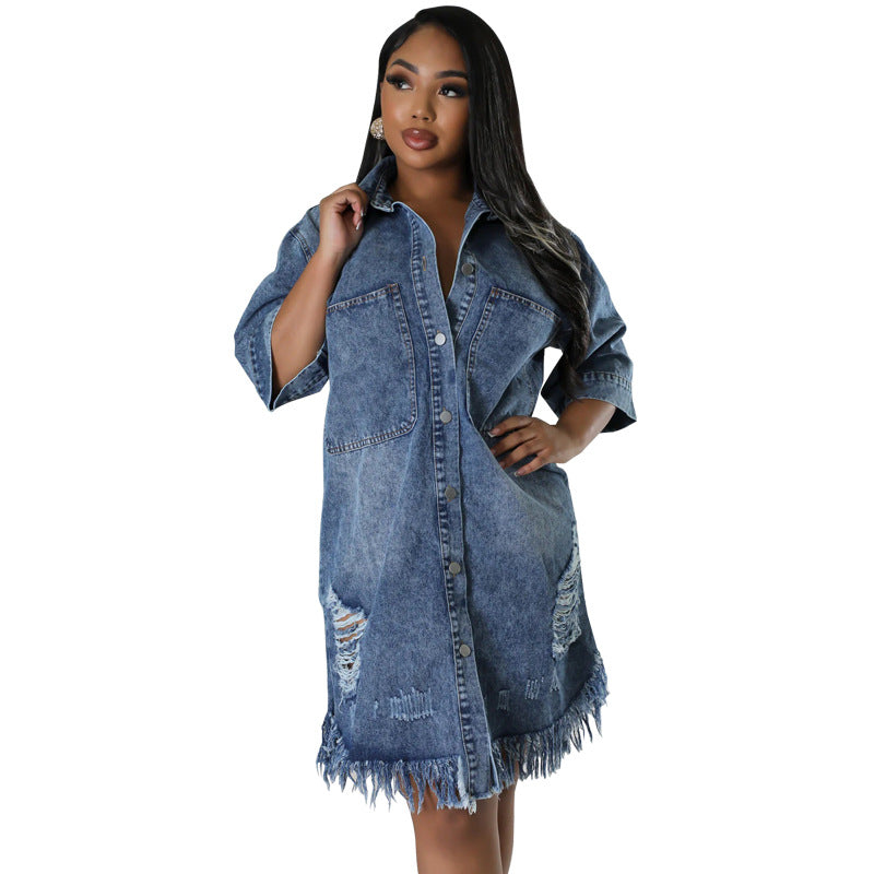 Denim Ripped Fringe Short-Sleeve Lapel Dress