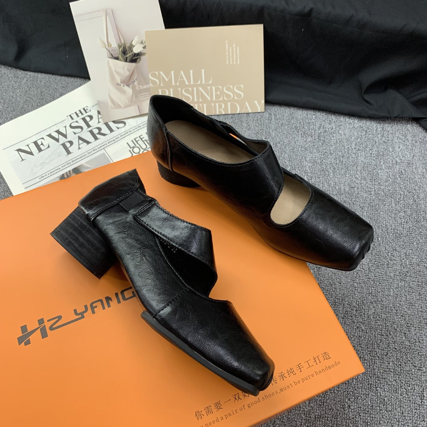 Textured Horsehide Square-toe Chunky-heel Soft-upper Womens Ballet Flats