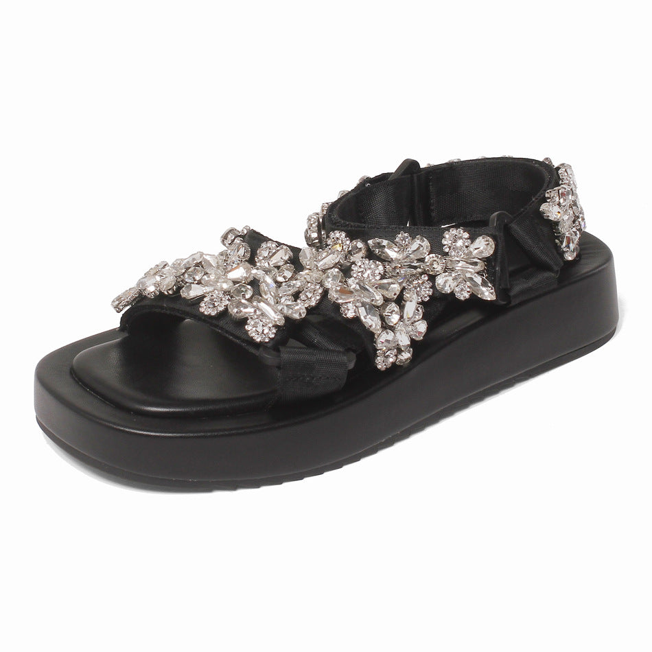 Thick Sole Muffin Heel Rhinestone Sandals
