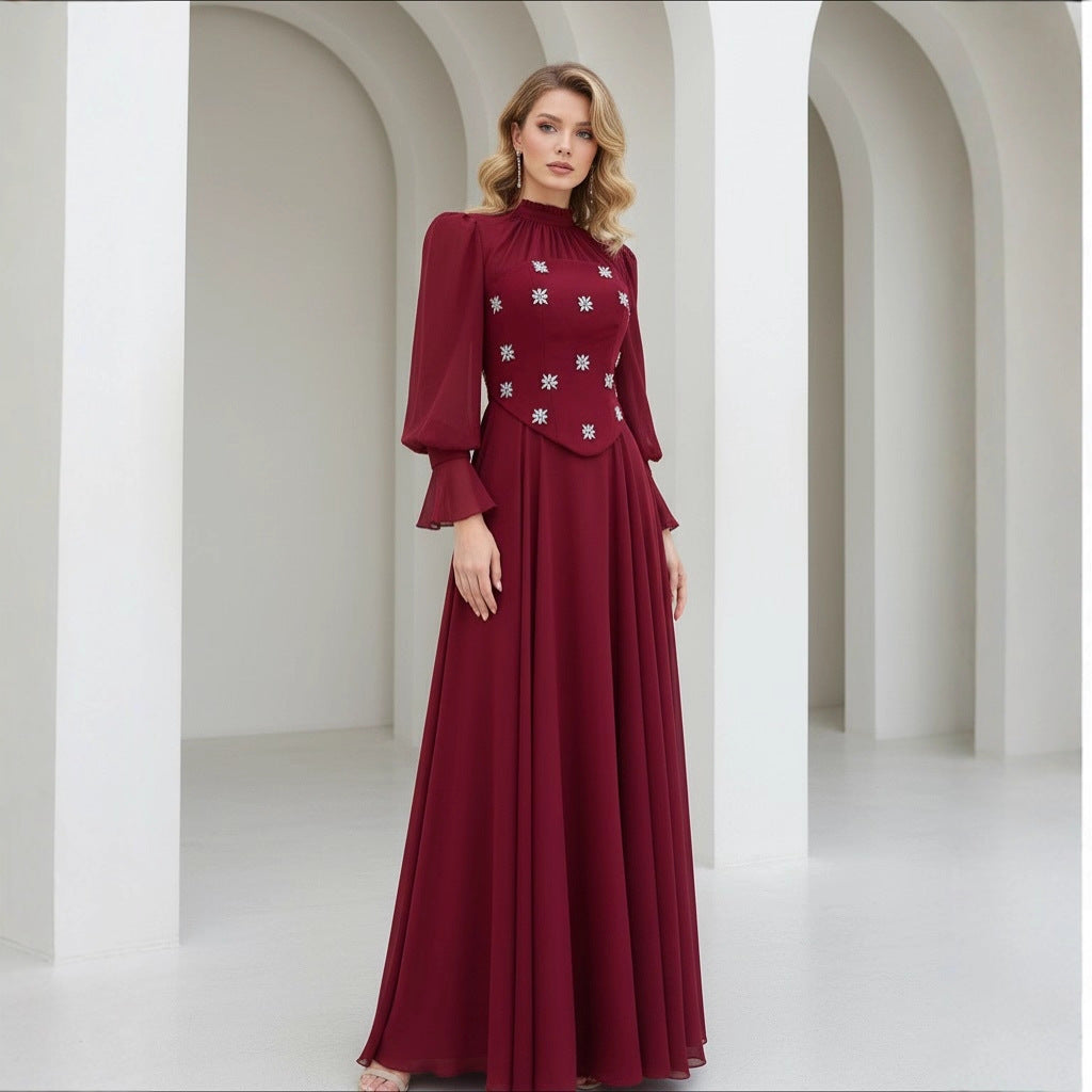 Two-piece Snowflake-diamond Long-sleeve Elegant Figure-flattering Slimming Dress