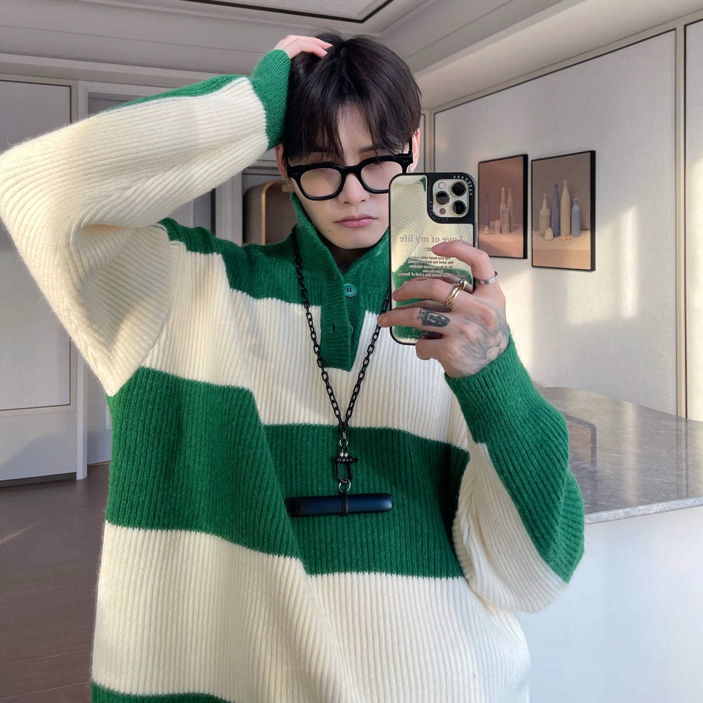 Stribet turtleneck sweater til mænd med kontrastfarve, løs pasform, efterår og vinter