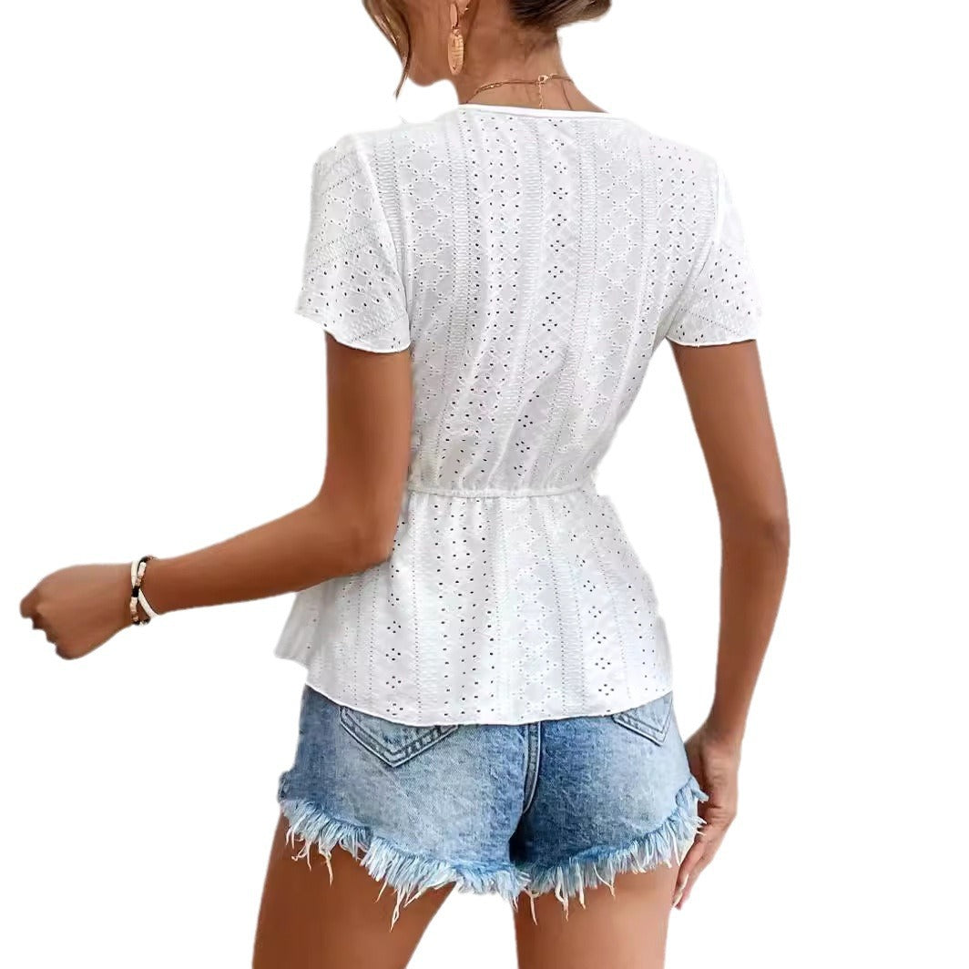 Sommer ny flæseærmet blonde V-hals syning hul jacquard kortærmet top