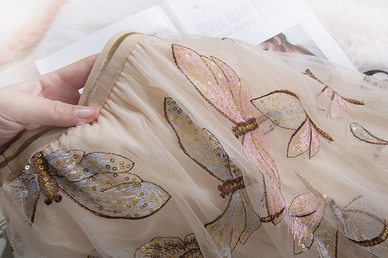 Golden Silk High Waist Sweet Slim Retro Lace Dragonfly Sequin Embroidery Mid Length Skirt
