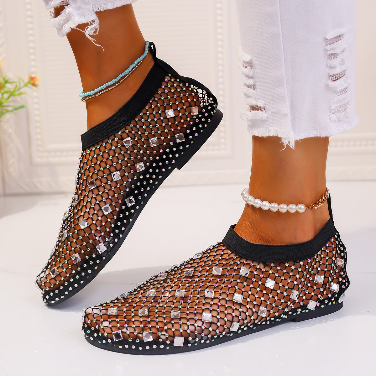 Flade sandaler i mesh med farverigt rhinstensdesign – Nye strandsandaler med rund tå til kvinder til sommer